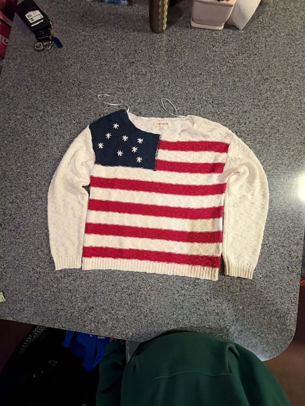 Lucky Brand American Flag Shaggy Knit Sweater Size S